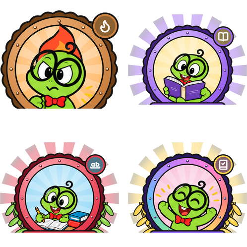 A row of StoryFluent badges, each a medallion of Bub the Bookworm with the milestone it marks on its ribbon