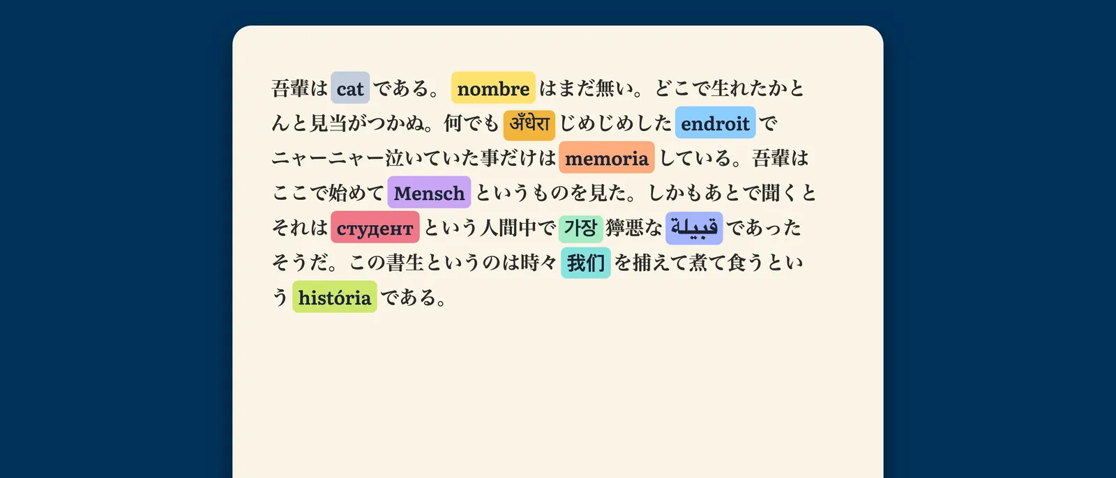 StoryFluentで開いた小説の1ページ。ところどころの単語がドイツ語、スペイン語、イタリア語、フランス語、日本語、韓国語、ヒンディー語、アラビア語、ポルトガル語、中国語、ロシア語に置き換わっている