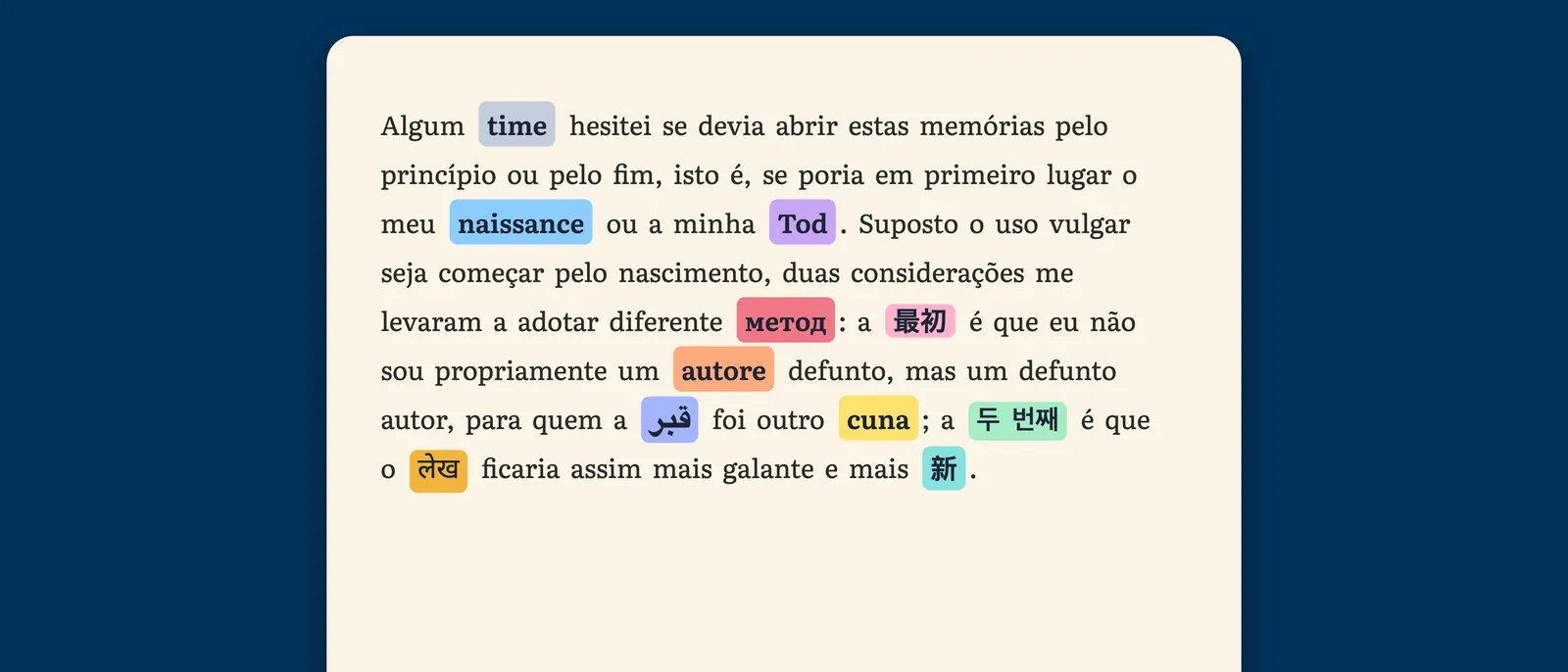 Uma página de romance no StoryFluent, com palavras isoladas trocadas por alemão, espanhol, italiano, francês, japonês, coreano, hindi, árabe, português, mandarim e russo